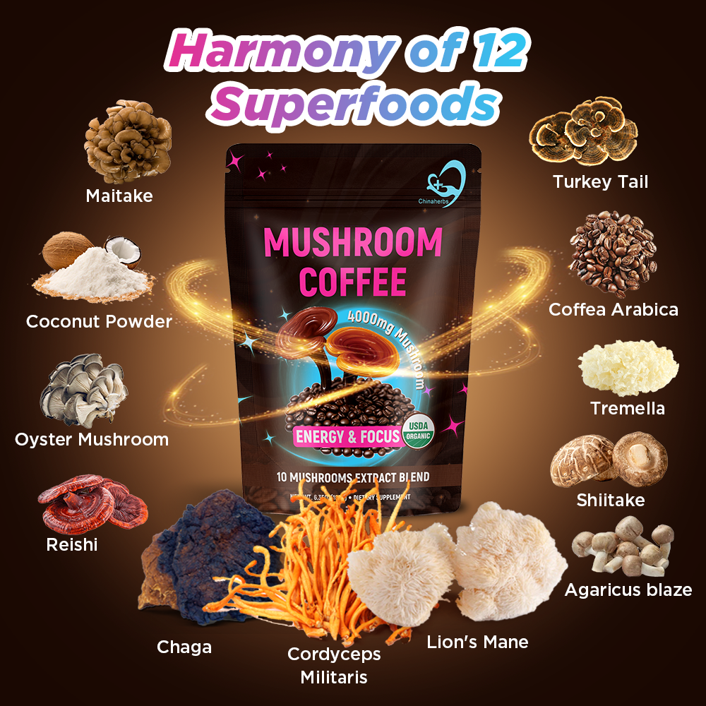 Organic Mushroom Coffee Powder with Lion’s Mane & Cordyceps – 10 Mushroom Extract Blend, Instant Arabica Coffee – 180g