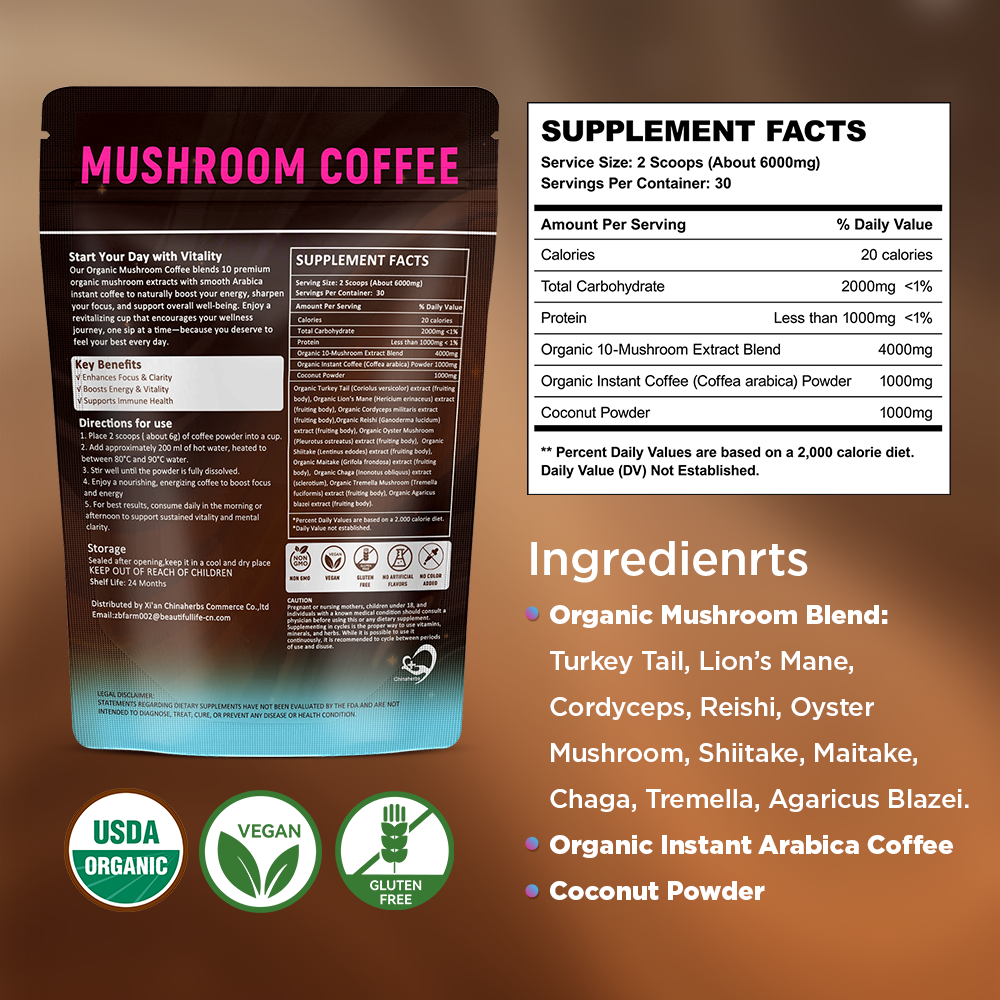 Organic Mushroom Coffee Powder with Lion’s Mane & Cordyceps – 10 Mushroom Extract Blend, Instant Arabica Coffee – 180g