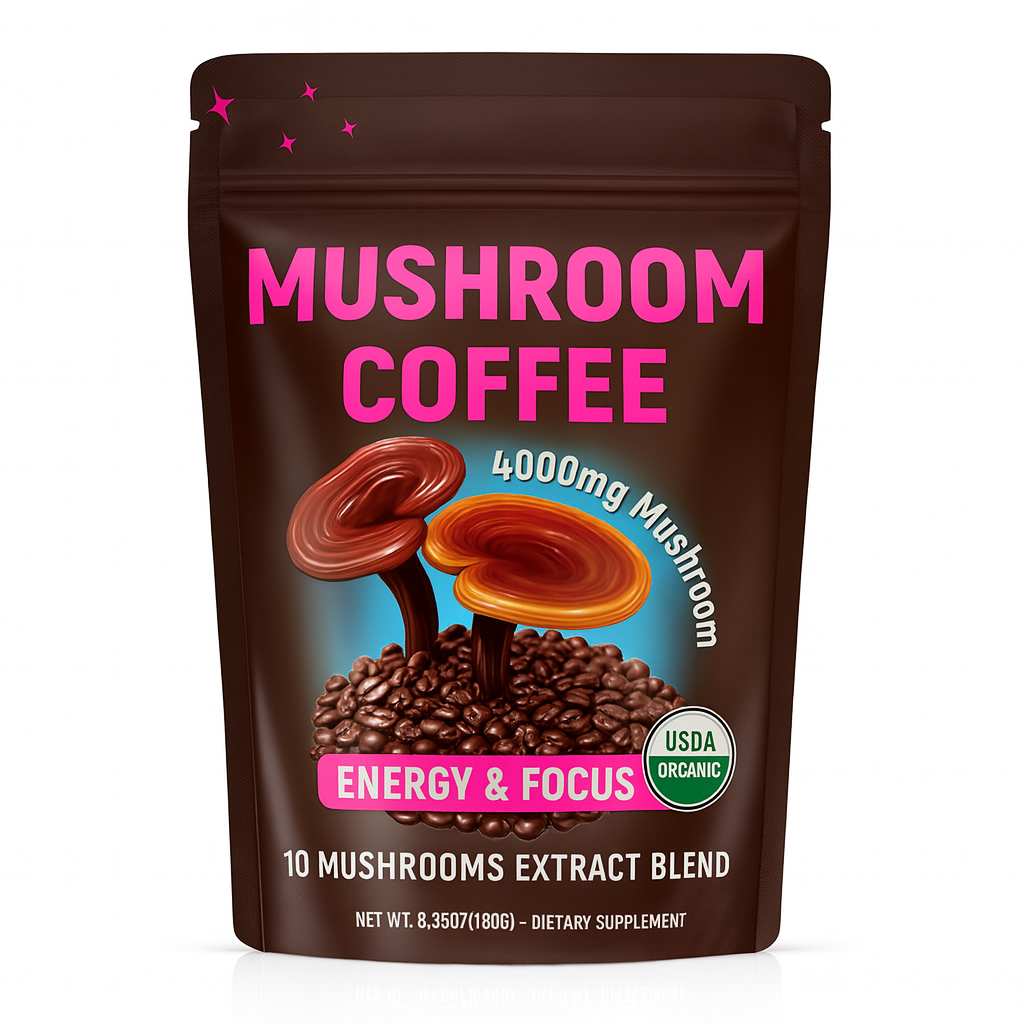 Organic Mushroom Coffee Powder with Lion’s Mane & Cordyceps – 10 Mushroom Extract Blend, Instant Arabica Coffee – 180g